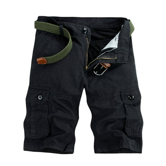 Lovskoo Cargo Shorts for Men Casual Solid Color Trendy Zipper Button Pockets Cropped Cargo Shorts Black