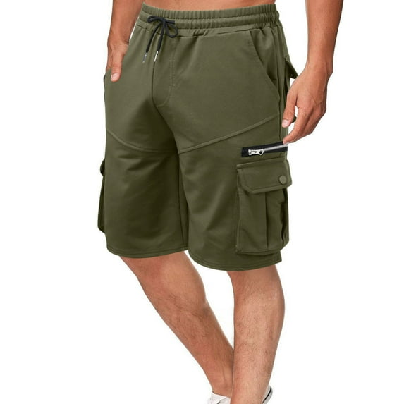 Lovskoo Cargo Shorts for Men Solid Color Drawstring Elastic Waist Pocket Hoodie Overalls Sport Shorts Quarter Pants Olive Green