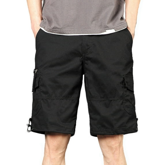 Lovskoo Cargo Shorts for Men Trendy Multi Pockets Casual Summer Solid Color Zipper Shorts Drawstring Cuffs Pants Black