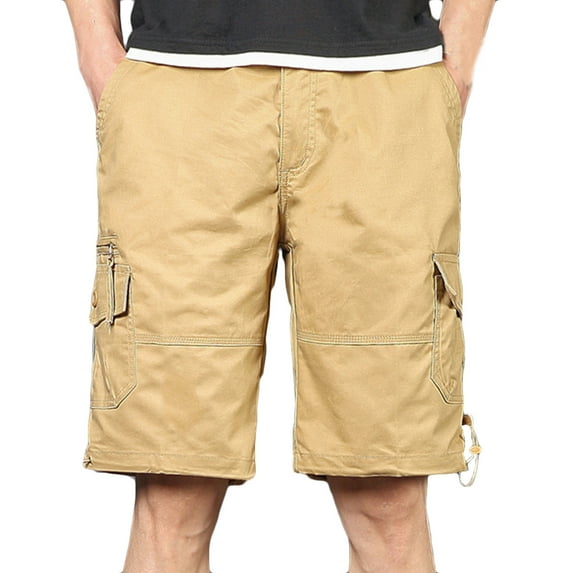 Lovskoo Cargo Shorts for Men Trendy Multi Pockets Casual Summer Solid Color Zipper Shorts Drawstring Cuffs Pants Khaki