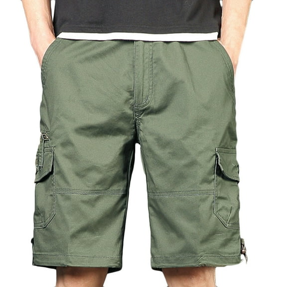 Lovskoo Cargo Shorts for Men Trendy Multi Pockets Casual Summer Solid Color Zipper Shorts Drawstring Cuffs Pants Olive Green