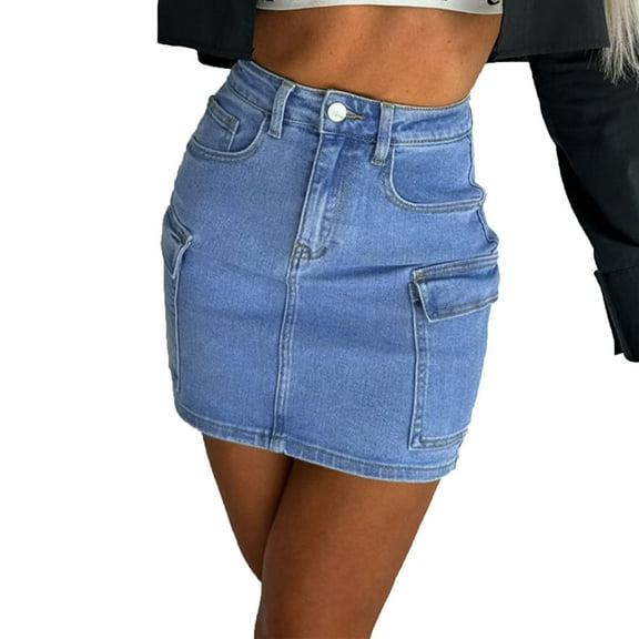 Lovskoo Cargo Skirt for Women Button Mini Skirt with Pocket Y2K Bodycon 2025 Trendy Denim Jean Short Skirts Blue