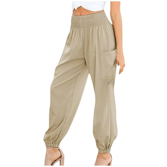 Lovskoo Casual Pants for Women Solid Color Casual Office Comfortable High Waisted Trousers Beige