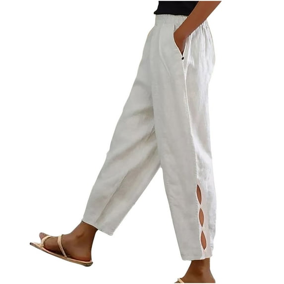 Lovskoo Casual Pants for Women Summer Casual Loose Harem Pants with Drawstring Solid Color Cropped Pants White