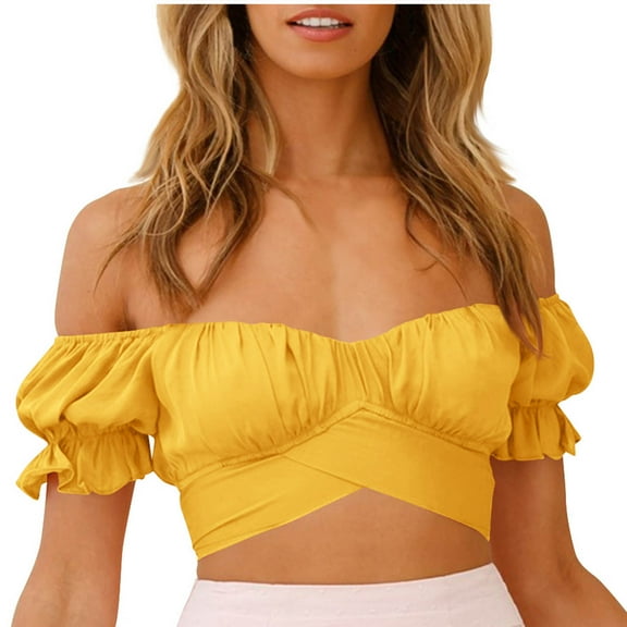 Lovskoo Chiffon Crop Tops Summer Tops for Women 2024 Crop Tops for Women Off Shoulder Short Sleeve Solid Color Trendy Comfortable Breathable Off The Shoulder Blouses Tops Yellow