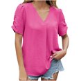 thumbnail image 1 of Lovskoo Chiffon Summer Tops for Women 2024 V Neck Short Sleeve Solid Color Trendy Comfortable Breathable Blouses Tops Hot Pink, 1 of 8
