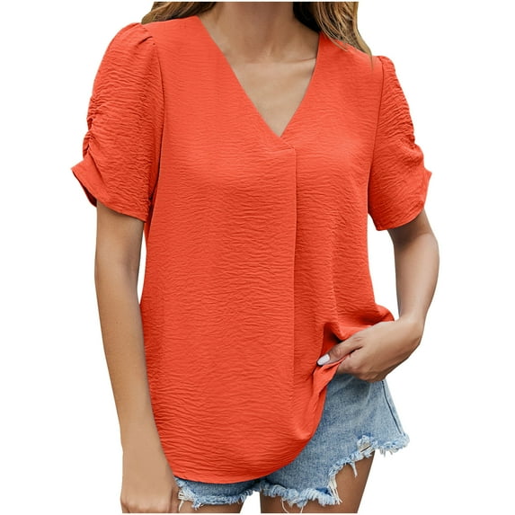 Lovskoo Chiffon Summer Tops for Women 2024 V Neck Short Sleeve Solid Color Trendy Comfortable Breathable Blouses Tops Orange