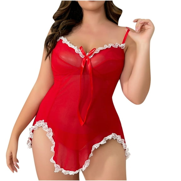 Lovskoo Christmas Babydoll Sleepwear for Women Plus Size Teddy Cami Chemise Nightie Lace Trim Nightgown Red