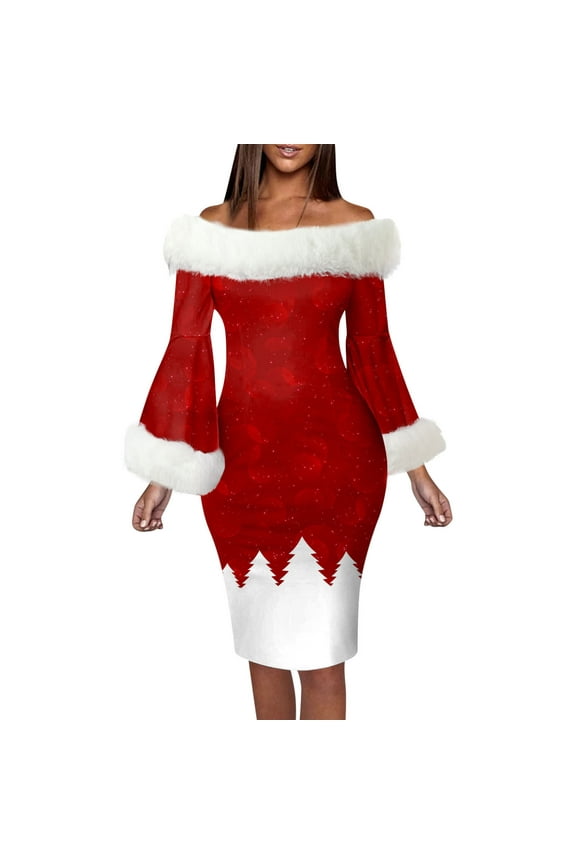 Christmas Bodycon Mini Dress for Women Fluffy Off Shoulder Flare Long Sleeve Snowflake Printed Dresses Festival Party Dress Red