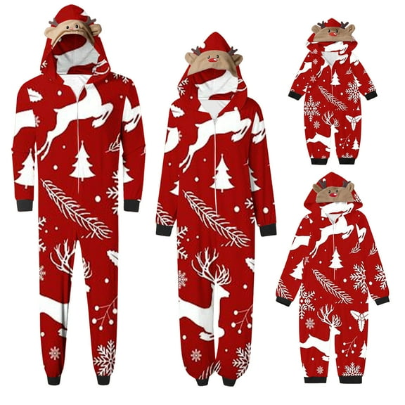 Lovskoo 2024 Family Christmas Pajamas Matching Sets Onesie Printed Long Sleeve Hooded Pajamas Jumpsuit Parent-Child Warm Set Wear Kids Red