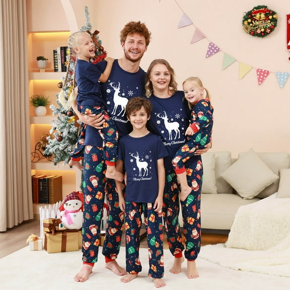 Rohuuque Christmas Pajamas for Family for Mom Matching Family Sets Christmas Print Casual Short Sleeve Top With Bottom Outfits Home Wear 2025 Blue