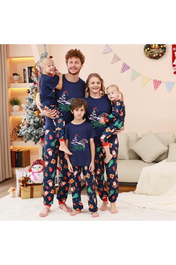 Christmas Pajamas for Family for Mom Matching Family Sets Christmas Print Casual Short Sleeve Top With Bottom Outfits Home Wear 2025 Blue