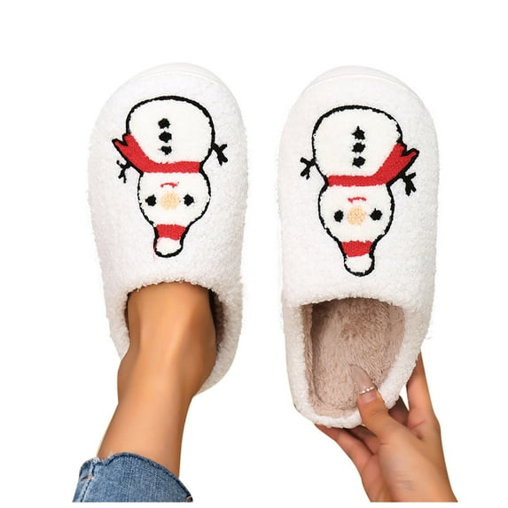 Lovskoo Christmas Slippers for Women Indoor Soft Warm Fleece Bedroom Reindeer Slippers Fall Winter Home Slippers White
