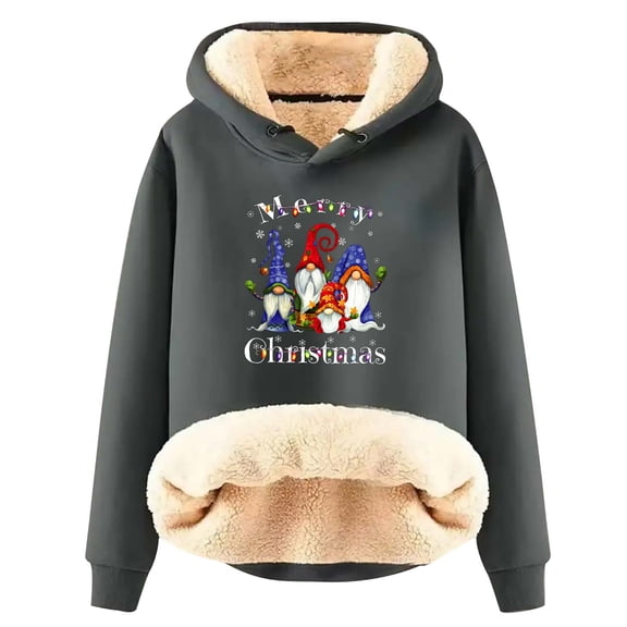 Lovskoo Christmas Sweatshirts for Women Fall Winter Fleece Thick Warm Plush Solid Pocket Long Sleeve Tops Hooded Sweatshirt Dark Gray