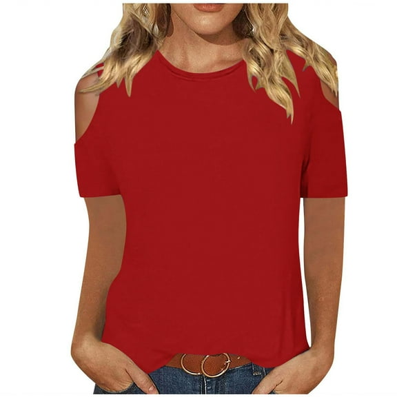 Lovskoo Cold Shoulder Summer Tops for Women 2024 Round Neck Short Sleeve Trendy Solid Color T Shirt Shirt Casual Top Red