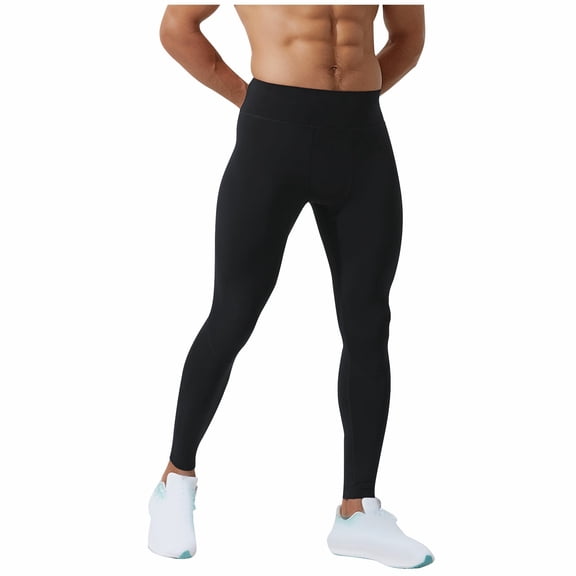 Lovskoo Compression Pants for Men Running Tights Solid High Spring Sports Leggings Waist Pockets Quick Dry Compression Outdoor Fitness Pants Black