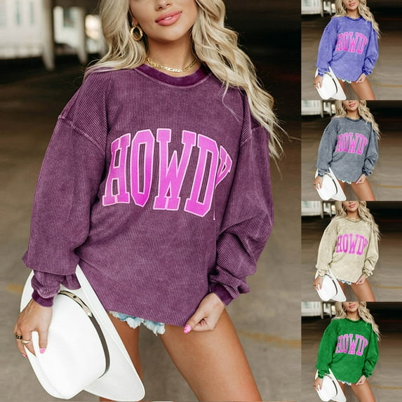 Lovskoo Corduroy Sweatshirt for Women Trendy Button Letter Print Round-Neck Long Sleeve Casual T-Shirt Top Solid Blouse Blue