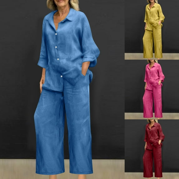 Lovskoo Cotton Linen 2 Piece Outfits for Women 2025 Spring Solid Color Long Sleeve Shirts + Wide Leg Pants with Pockets Sets Hot Pink
