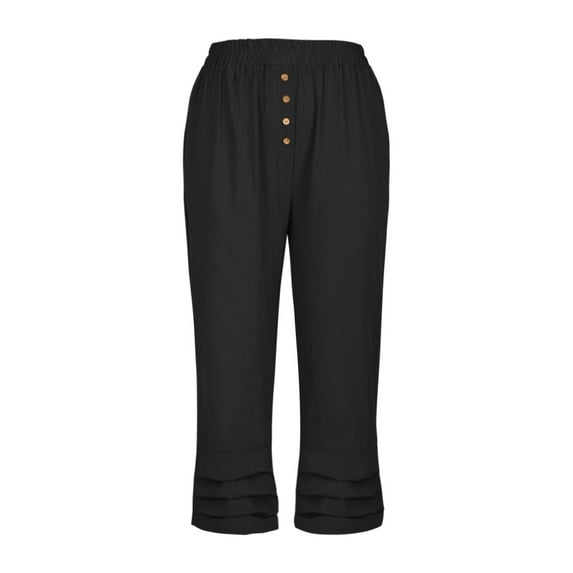 Lovskoo Cotton Linen Capri Pants for Women Casual 2024 Summer Solid Color Drawstring Elastic High Waist Pants Lounge Capris Black M