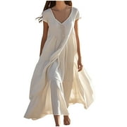 Lovskoo Cotton Linen Dresses for Women Casual Summer Loose Short Sleeve Long Maxi Summer Beach Swing Dress Beige