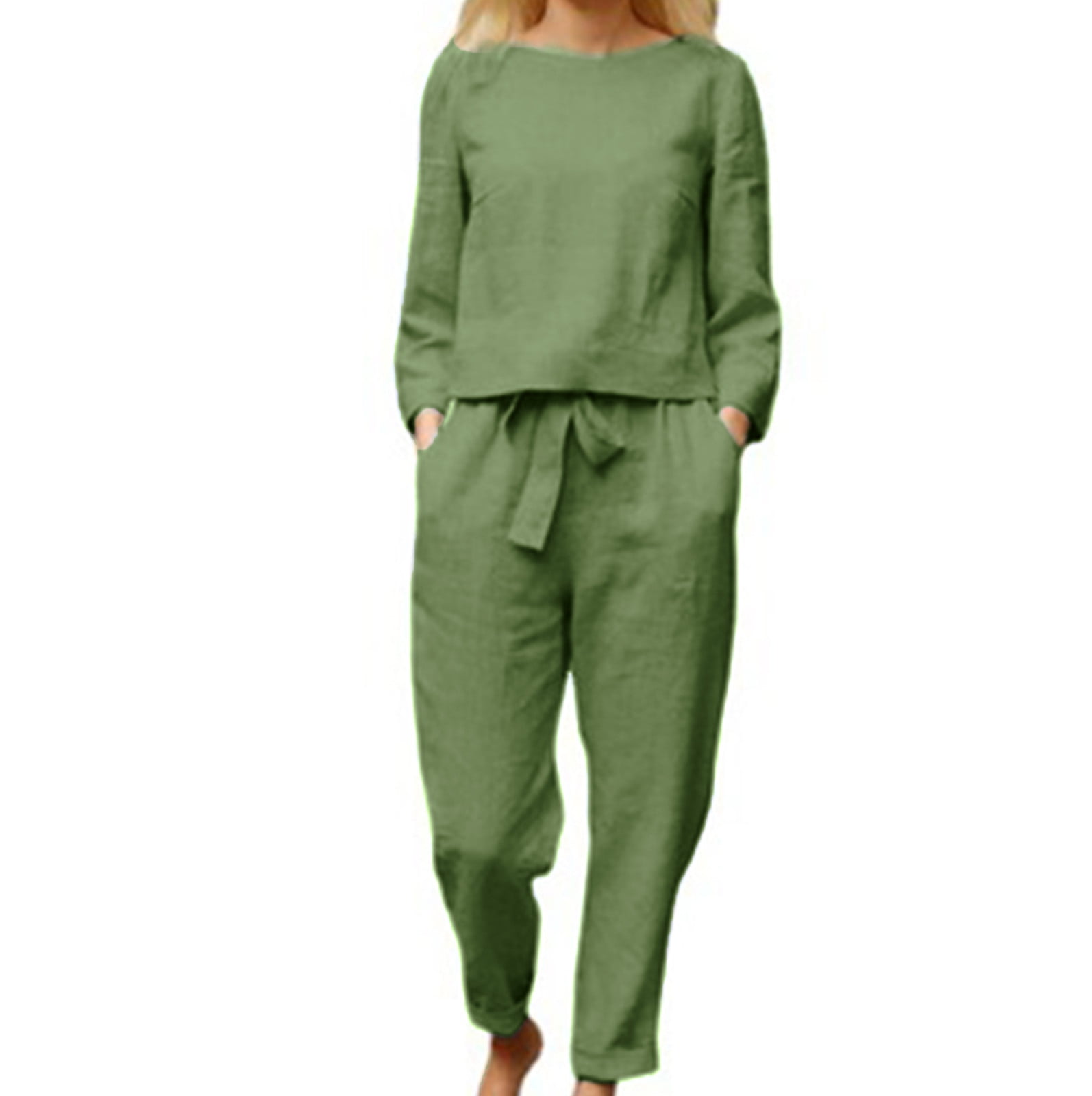 Lovskoo Cotton Linen Outfits for Women Lounge Set Long Sleeve Top