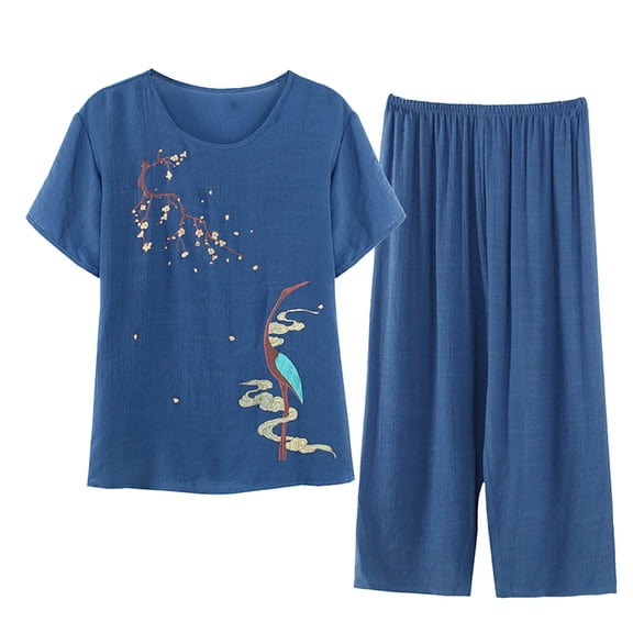 Lovskoo Cotton Linen Set for Women Summer Casual Solid Set Printed Short Sleeve Round Neck Top Pants Suit Thin Weared Outer Home Suit Blue