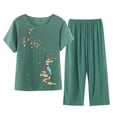 thumbnail image 1 of Lovskoo Cotton Linen Set for Women Summer Casual Solid Set Printed Short Sleeve Round Neck Top Pants Suit Thin Weared Outer Home Suit Green, 1 of 3
