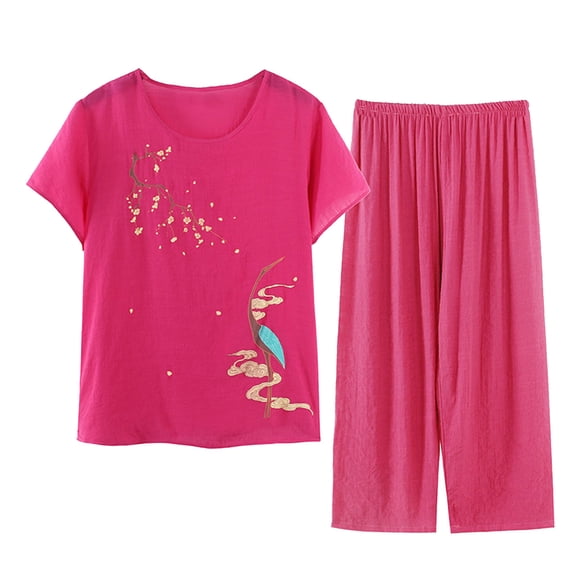 Lovskoo Cotton Linen Set for Women Summer Casual Solid Set Printed Short Sleeve Round Neck Top Pants Suit Thin Weared Outer Home Suit Hot Pink