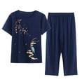 thumbnail image 1 of Lovskoo Cotton Linen Set for Women Summer Casual Solid Set Printed Short Sleeve Round Neck Top Pants Suit Thin Weared Outer Home Suit Navy, 1 of 4
