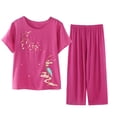 thumbnail image 1 of Lovskoo Cotton Linen Set for Women Summer Casual Solid Set Printed Short Sleeve Round Neck Top Pants Suit Thin Weared Outer Home Suit Purple, 1 of 4
