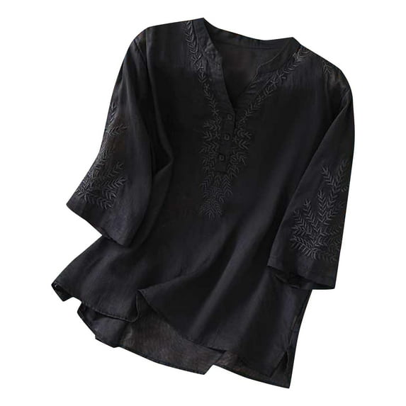 Lovskoo Cotton Linen Shirts for Women 3/4 Sleeve V Neck Casual Summer Tops Loose Tee Shirts Blouse Navy