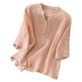 thumbnail image 1 of Lovskoo Cotton Linen Shirts for Women 3/4 Sleeve V Neck Casual Summer Tops Loose Tee Shirts Blouse Pink, 1 of 9