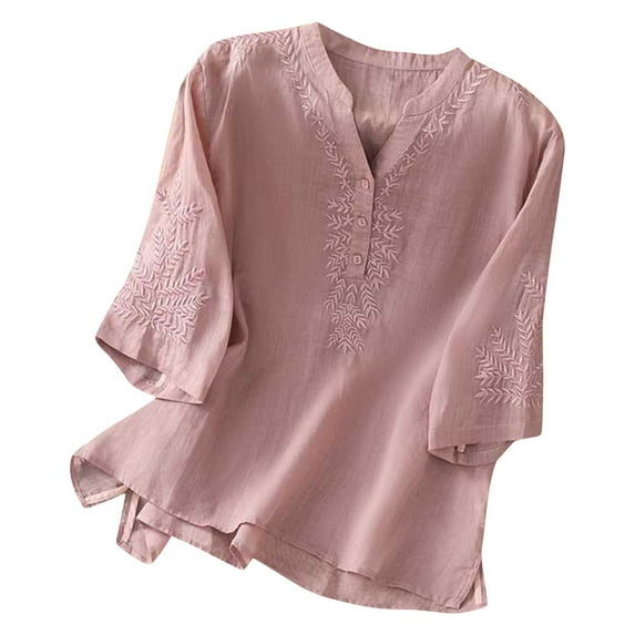 Lovskoo Cotton Linen Shirts for Women 3/4 Sleeve V Neck Casual Summer Tops Loose Tee Shirts Blouse Purple