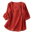 thumbnail image 1 of Lovskoo Cotton Linen Shirts for Women 3/4 Sleeve V Neck Casual Summer Tops Loose Tee Shirts Blouse Red, 1 of 8