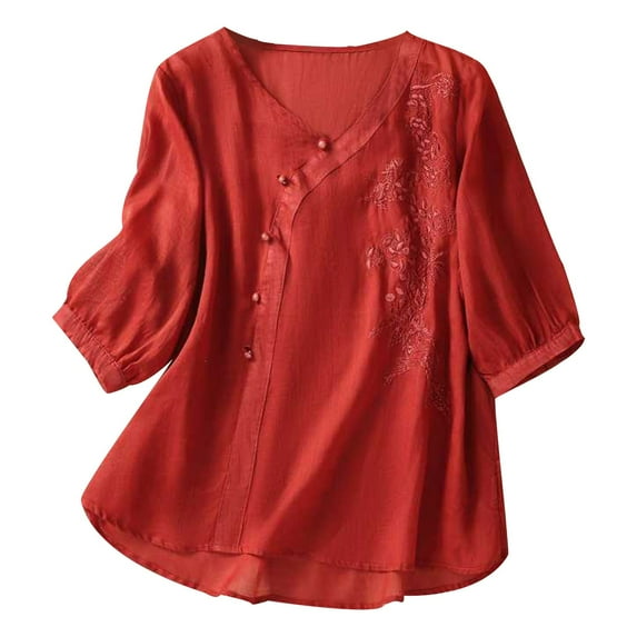 Lovskoo Cotton Linen Shirts for Women 3/4 Sleeve V Neck Casual Summer Tops Loose Tee Shirts Blouse Red