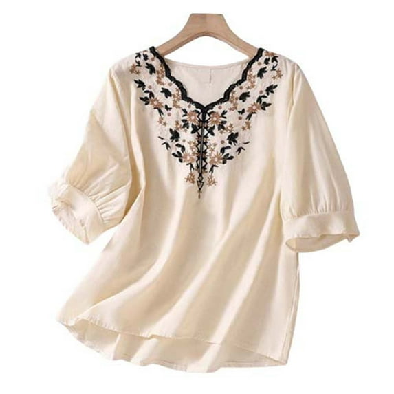 Lovskoo Cotton Linen Shirts for Women 3/4 Sleeve V Neck Loose T-Shirt Solid Color Embroidered Summer Tops Shirt Khaki
