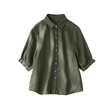Lovskoo Cotton Linen Shirts for Women Button Down 3/4 Sleeve Collared Spring Summer Tops Casual Turndown Blouse Loose Solid Color Tops Green