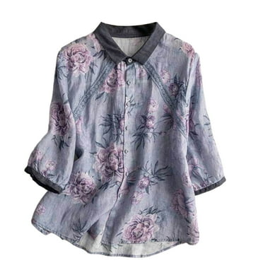 Lovskoo Cotton Linen Shirts for Women Button Down 3/4 Sleeve Collared Summer Tops Shirt Slimming Tops Purple