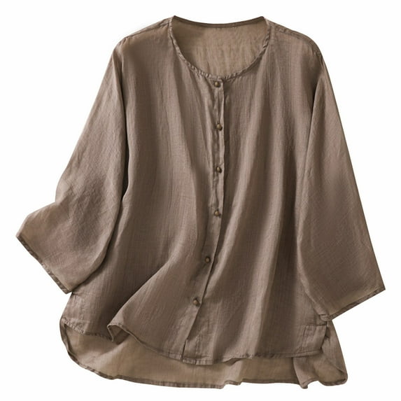 Lovskoo Cotton Linen Shirts for Women Button Down 3/4 Sleeve Round Neck Printed Loose Shirt Summer Tops Gray