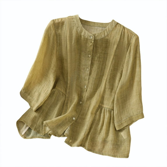 Lovskoo Cotton Linen Shirts for Women Button Down 3/4 Sleeve Round Neck Printed Loose Shirt Summer Tops Green