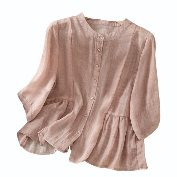 Lovskoo Cotton Linen Shirts for Women Button Down 3/4 Sleeve Round Neck Printed Loose Shirt Summer Tops Pink
