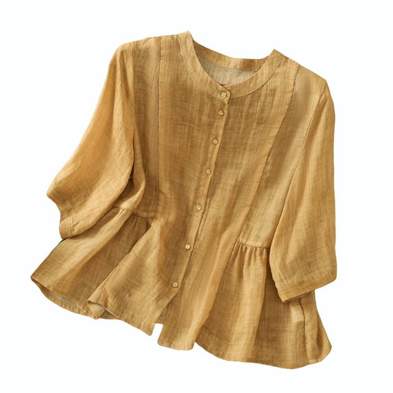 Lovskoo Cotton Linen Shirts for Women Button Down 3/4 Sleeve Round Neck Printed Loose Shirt Summer Tops Yellow