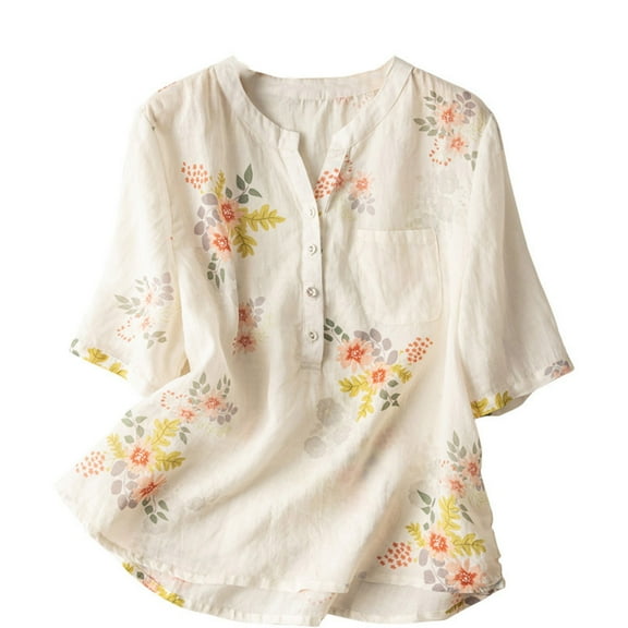 Lovskoo Cotton Linen Shirts for Women Button Down 3/4 Sleeve V Neck Loose Shirt Slimming Summer Tops Beige