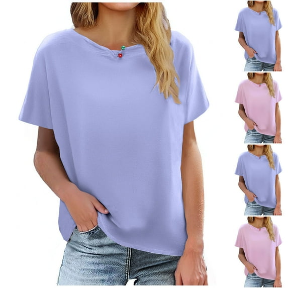 Lovskoo Cotton Linen Shirts for Women Plus Size Round Neck Solid Color T-Shirt Linen Top Large Shirt Blue