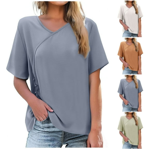 Lovskoo Cotton Linen Shirts for Women Plus Size Round Neck Solid Color T-Shirt Linen Top Large Shirt Gray