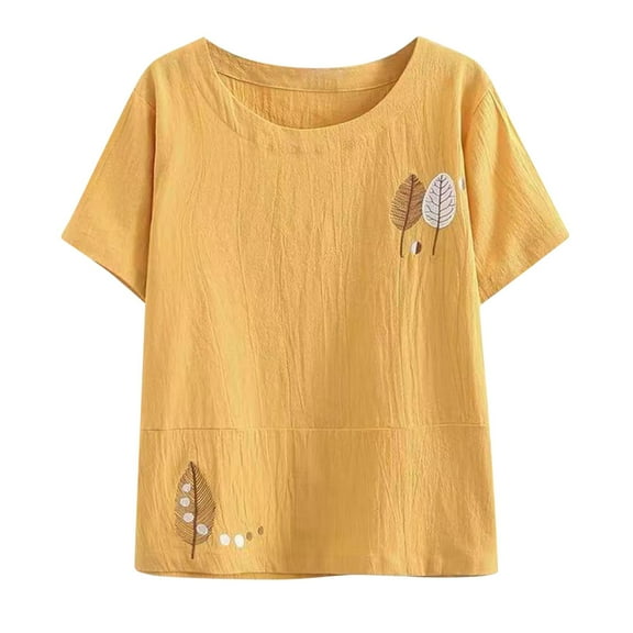 Lovskoo Cotton Linen Shirts for Women Plus Size Short Sleeve Round Neck Trendy Casual T-Shirt Summer Tops Blouse Yellow