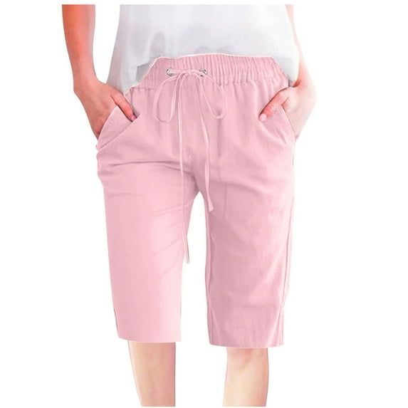 Lovskoo Cotton Linen Shorts for Women Knee Length Bermuda Shorts Trendy Casual Solid Color Waist Elastic Loose Straight Wide Leg Half Shorts with Pocket Pink