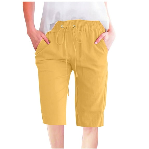 Lovskoo Cotton Linen Shorts for Women Knee Length Bermuda Shorts Trendy Casual Solid Color Waist Elastic Loose Straight Wide Leg Half Shorts with Pocket Yellow