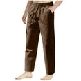 thumbnail image 1 of Lovskoo Cotton Linen Shorts for Men Solid Color Casual Multiple Pockets Outdoor Elastic Waist Long Pants Trousers Brown, 1 of 7