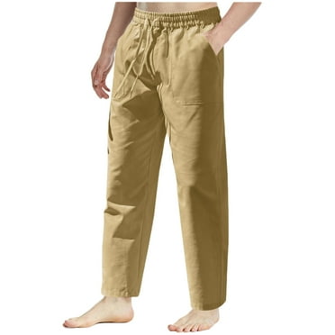 Lovskoo Cotton Linen Shorts for Men Solid Color Casual Multiple Pockets Outdoor Elastic Waist Long Pants Trousers Khaki